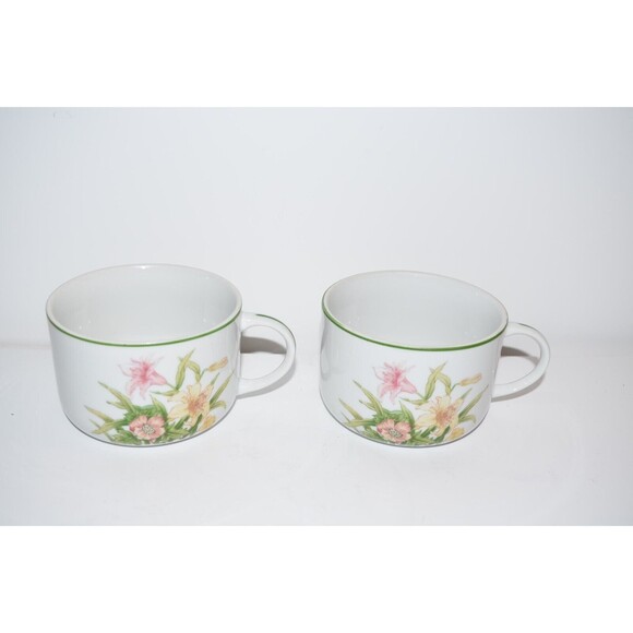 Vtg Soup Cups Jade Lily Porcelain Floral Shafford 1970 Japan  Handle 2 pc set - Picture 8 of 9